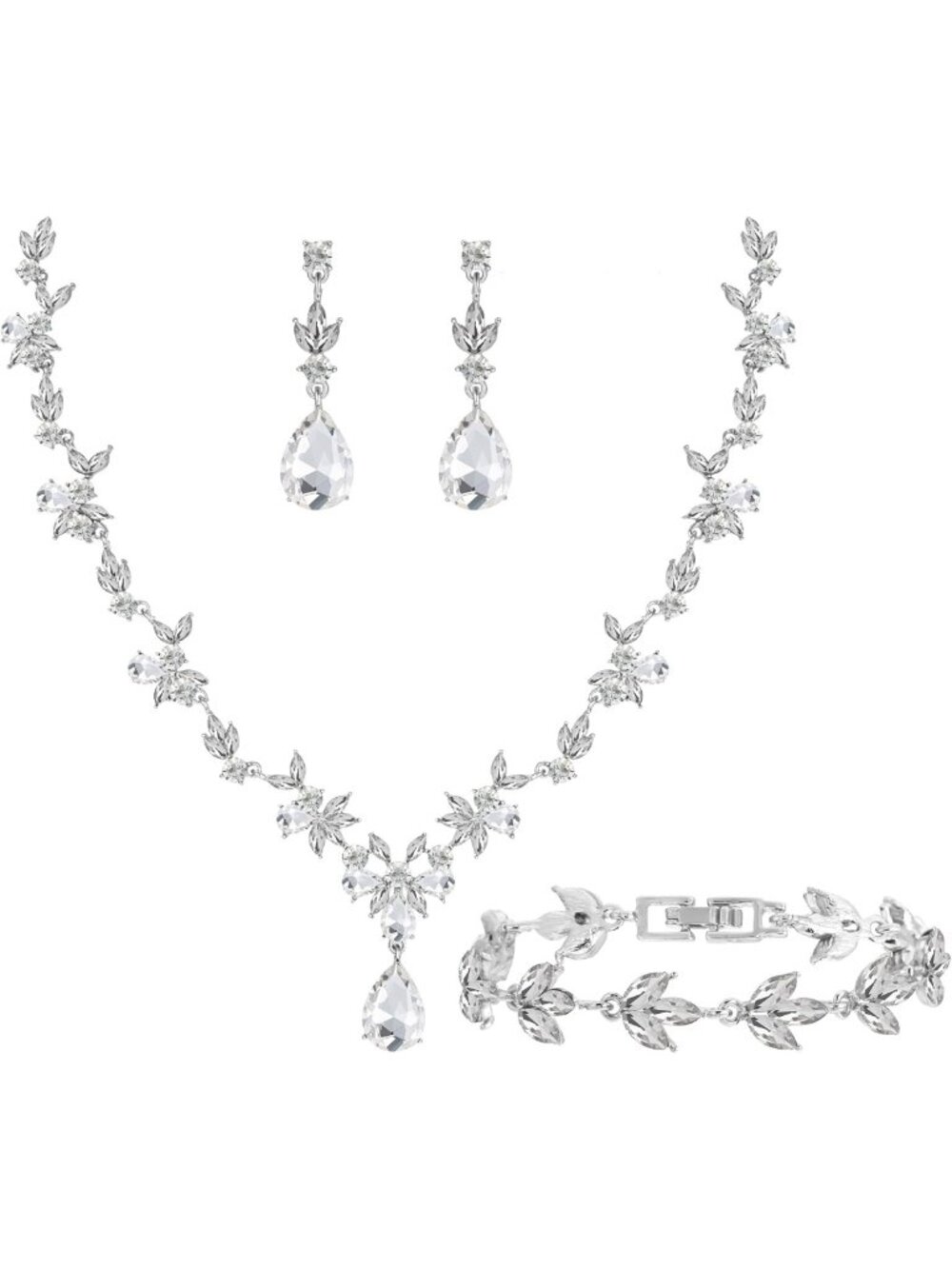 Elegant Floral Bridal Jewelry Set - Crystal Necklace, Earrings & Bracelet for